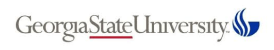 Logo of Georgia State University, featuring the name in green and blue text with a stylized blue flame icon and a red underline, representing the vibrant history of Georgia.