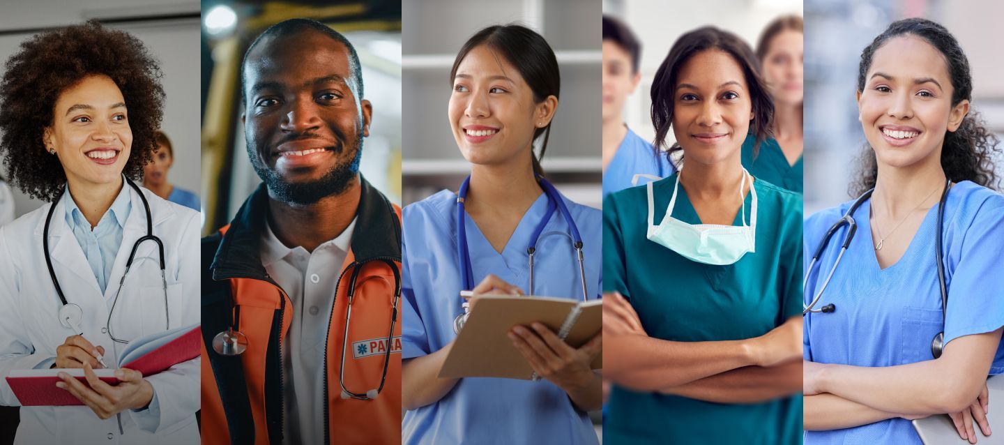 A collage of five diverse healthcare professionals, including a smiling doctor with curly hair, another in orange scrubs, two nurses with clipboards, and one in surgical attire, all looking confident and representing various university degree options.