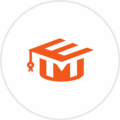 A sleek orange graduation cap icon creatively integrates the letter "M" as the top, all set against a clean white circular background.