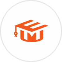 An orange graduation cap icon with the letter "M" integrated into its design, set in a white circular background with a gray border.