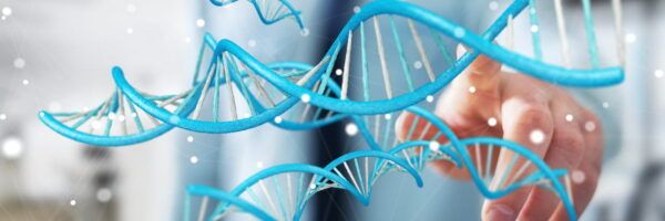 A person’s hand interacting with a 3d digital model of a blue dna helix, illustrating concepts of genetic engineering or biotherapy education, set against a blurred background.