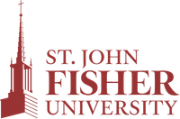 Logo of St. John Fisher University featuring an illustration of a building with a tall steeple on the left and the text "St. John Fisher University" in red capital letters on the right.