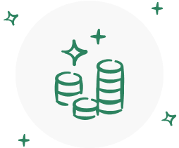 Green line drawing of stacked coins with sparkles, centered on a white circle with small green star shapes on the outer green background—perfect for illustrating medical assistant specialties.