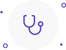 A simple purple stethoscope icon, symbolizing medical careers such as nurses and medical assistants, is centered on a white circle, with four small purple circles at each corner against a green background.