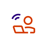 Simple icon of a person using a laptop, with two curved lines above the laptop indicating a wireless signal—perfect for showcasing online evening nursing programs. The person and laptop are outlined in orange, signal lines in purple, on white.