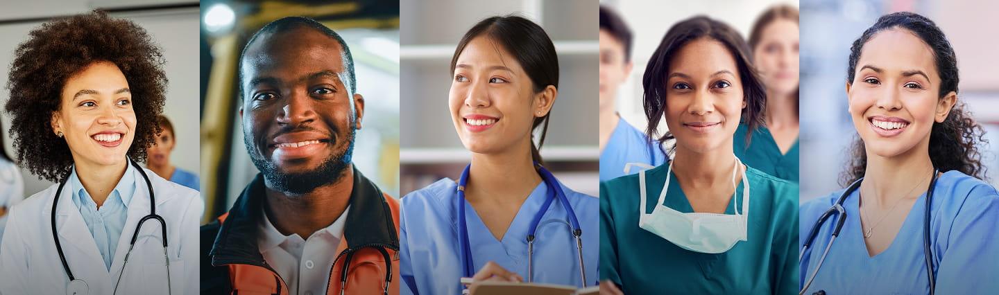 A diverse group of five healthcare professionals, including men and women, smiling and looking confident, wearing medical uniforms and stethoscopes.