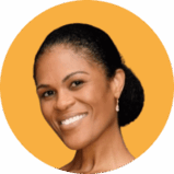 A woman with dark hair pulled back in a low bun smiles at the camera. She is wearing a single drop earring and is set against an orange circular background.