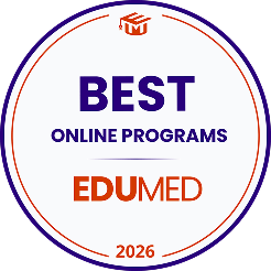 A circular badge with the text "Best Online Programs EDUMED 2026" in purple and orange, featuring a small graduation cap icon at the top, highlights excellence in online nursing programs recognized by EduMed rankings.